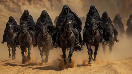 extreme wide shot, group of black warriors on horses, wearing black scarf as masks, 
