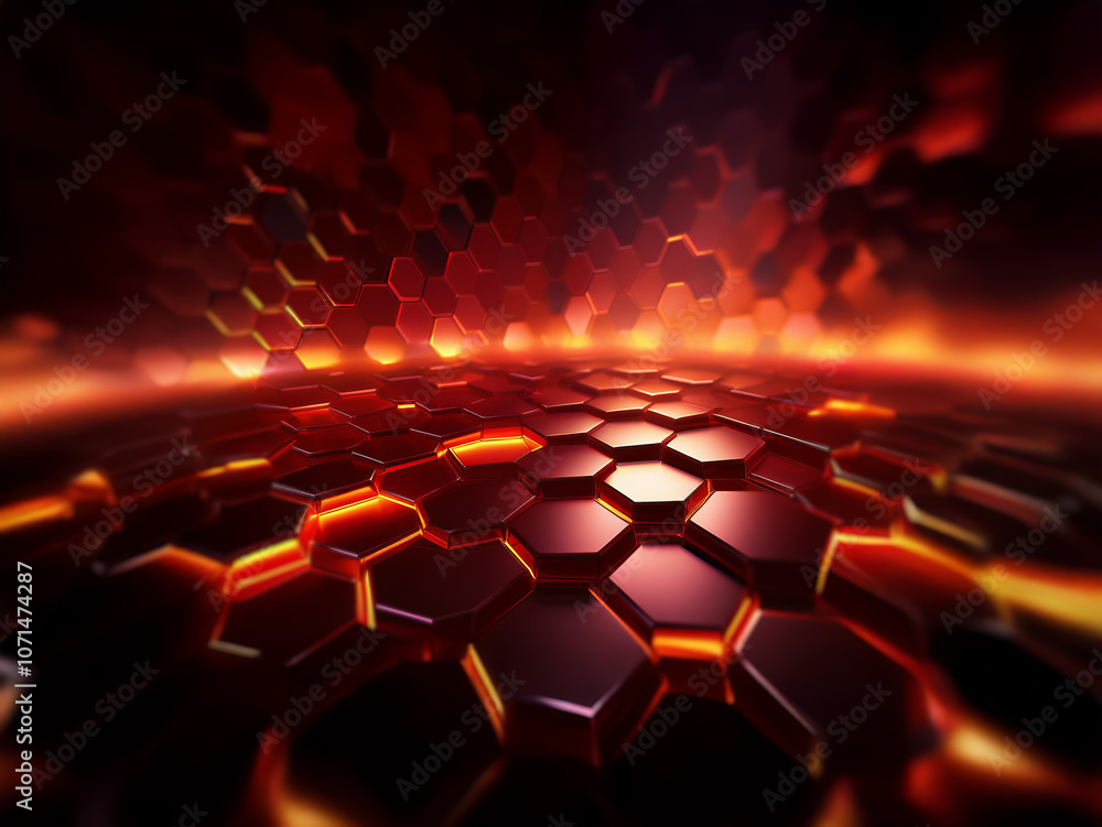 Poster A field of glowing red and orange hexagonal tiles stretching into the distance.