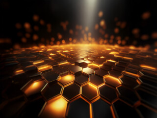 Obraz premium A dark, abstract background with a grid of glowing golden hexagons leading to a bright light source in the distance.