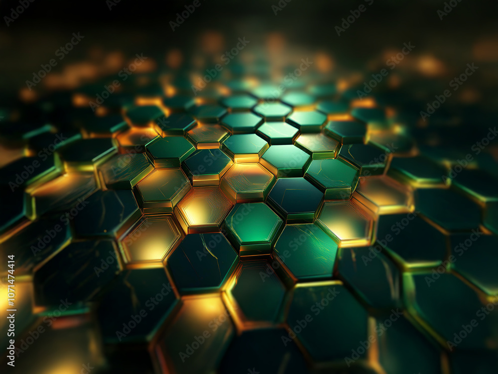 Leinwandbilder a close-up of a repeating pattern of metallic green and gold hexagons, illuminated by warm light.