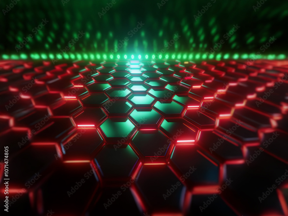 Poster a futuristic, abstract background features a honeycomb pattern with red and green lights.