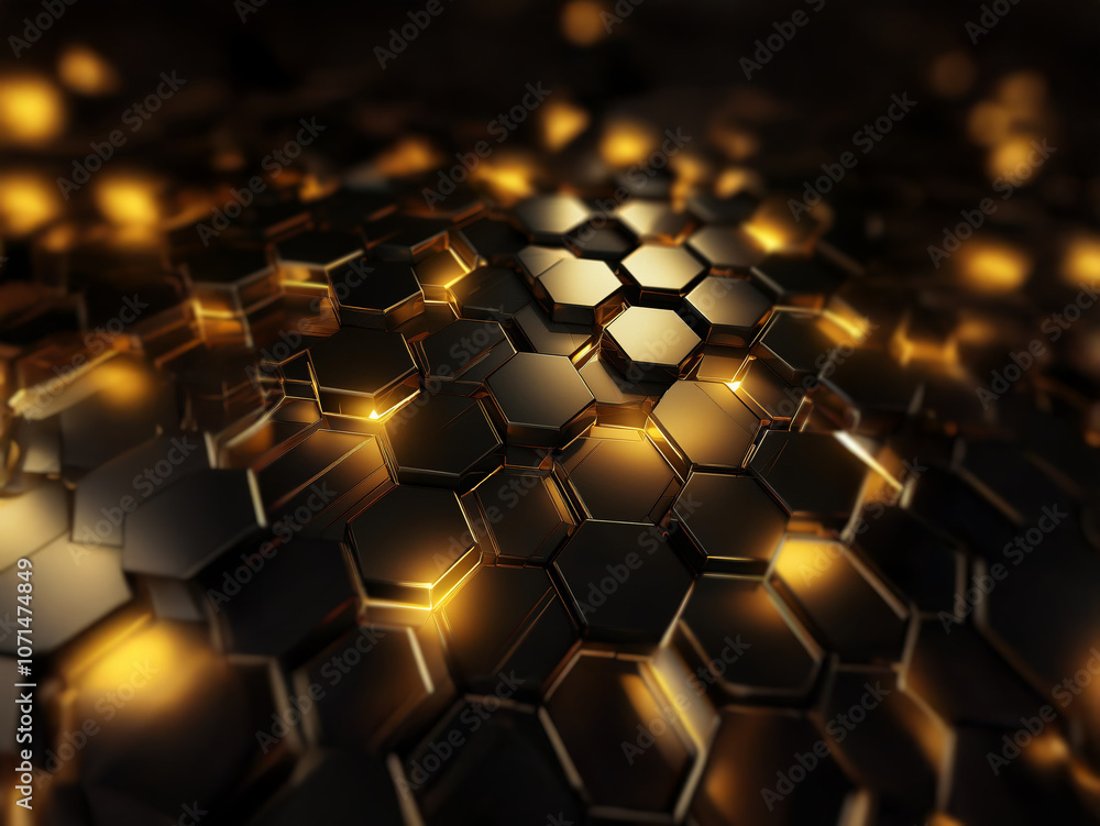 Poster A dark background with a textured surface of black and gold hexagonal shapes that illuminate with a warm yellow glow.
