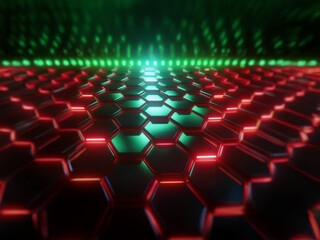 Obraz premium A futuristic, abstract background features a honeycomb pattern with red and green lights.