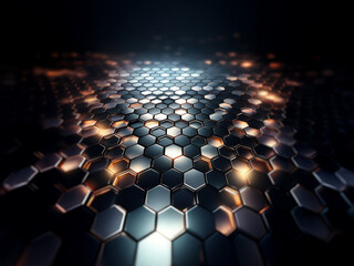 Obraz premium A dark, abstract background with a glowing, metallic honeycomb pattern.