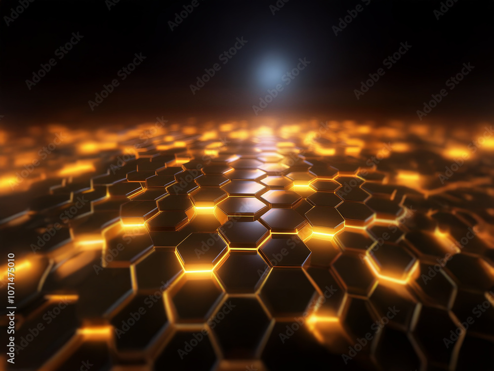 Poster a glowing, abstract hexagonal pattern extending to a bright, distant light source.