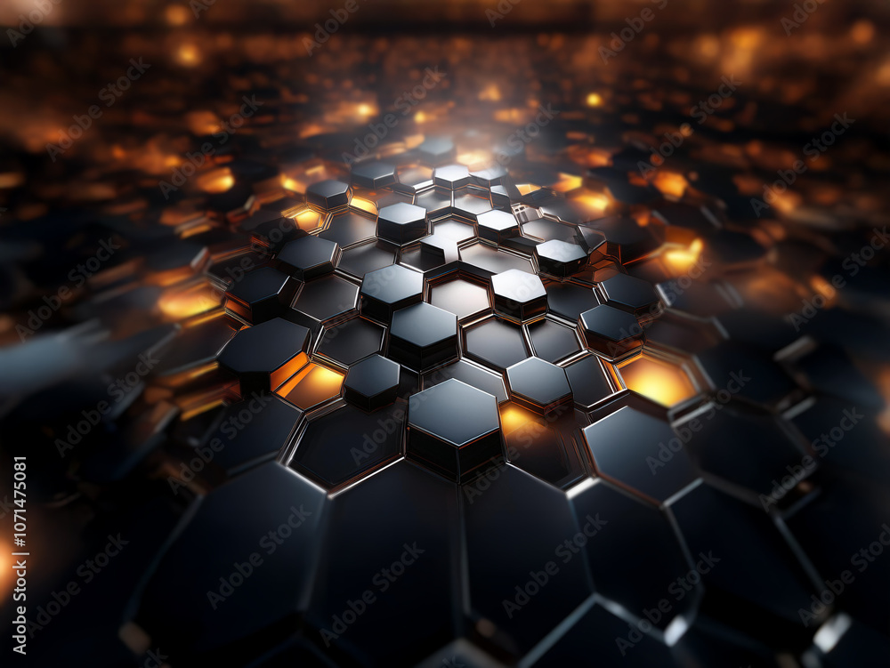 Poster A 3D rendering of a honeycomb pattern of black hexagonal shapes with a warm glow emanating from the center.