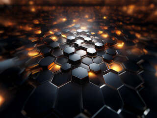 Obraz premium A 3D rendering of a honeycomb pattern of black hexagonal shapes with a warm glow emanating from the center.