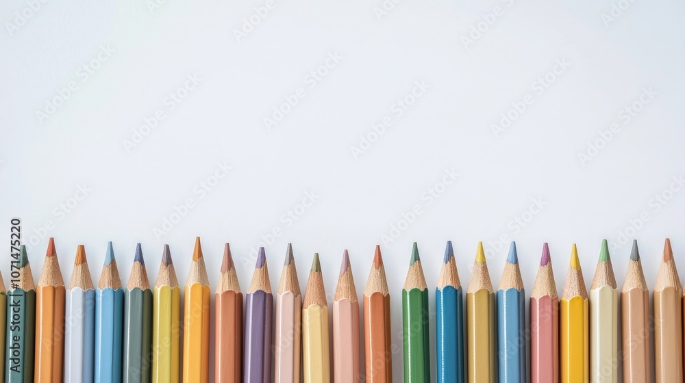 Poster colorful pencils arranged in a row on a white background with copy space.