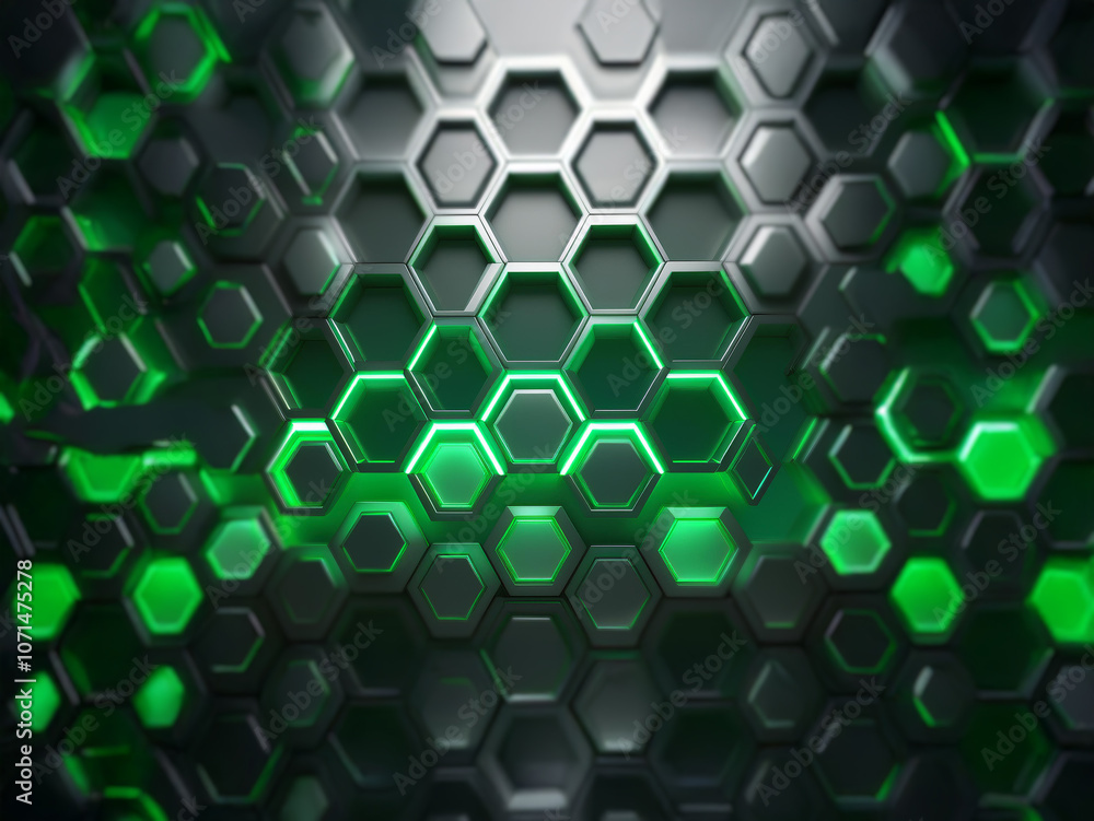 Poster a seamless pattern of metallic hexagons with glowing green accents.