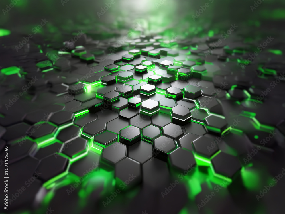 Poster A black, textured surface made up of hexagonal shapes with green glowing edges illuminated from a light source above.