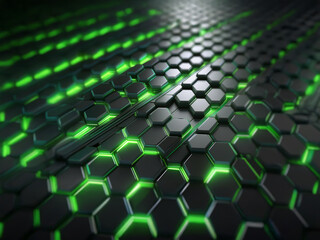 Obraz premium Abstract pattern of black hexagonal shapes with glowing green lines and a dark background.