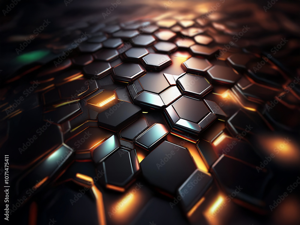 Fototapete a close-up view of a surface composed of shiny black hexagonal shapes with glowing orange lines.