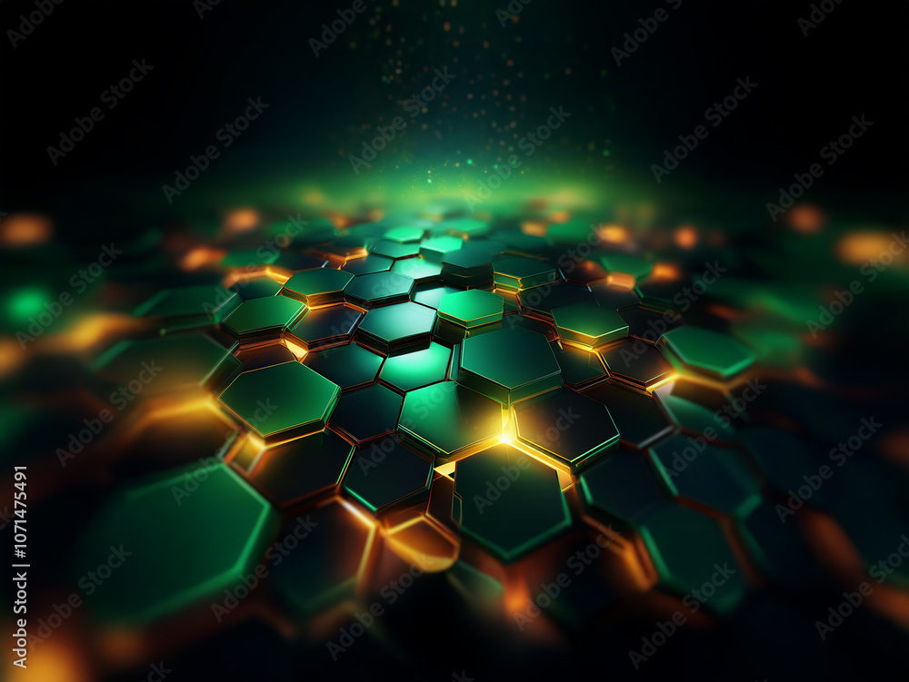 Aufkleber A dark abstract background with a honeycomb pattern made of glossy green and orange hexagons that glow and shimmer.
