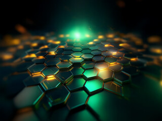 Fototapeta premium A dark, abstract background with a hexagonal pattern in a metallic green and gold color, highlighted by a glowing green light.