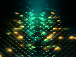 Fototapeta premium A glowing, geometric pattern of hexagons in shades of green and orange, radiating light in the center.