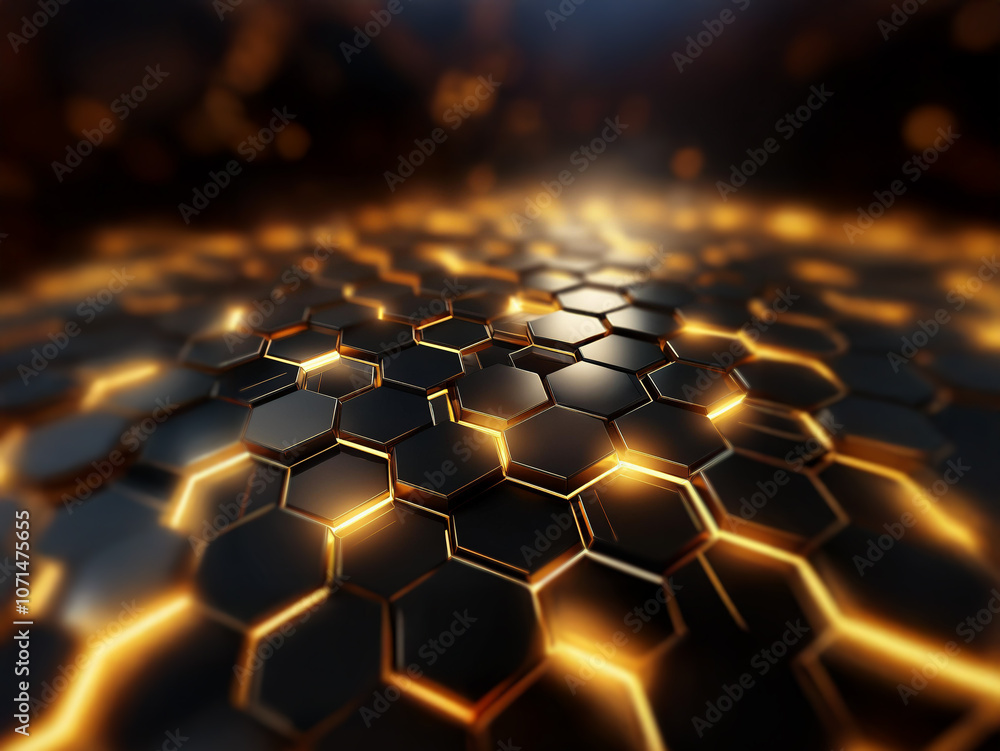 Poster A 3D abstract rendering of a repeating hexagonal pattern with a glowing orange light source.