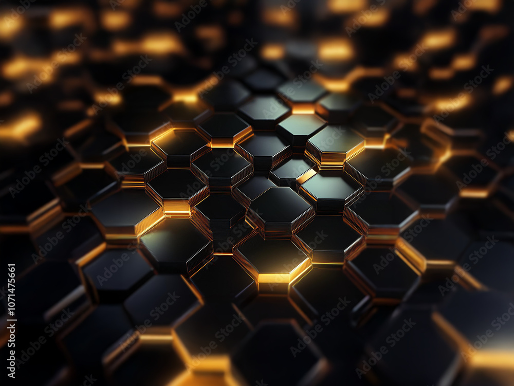 Poster a close-up of a repeating hexagonal pattern, with some hexagons glowing with an orange hue against a