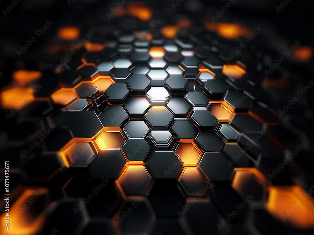 Poster a futuristic, abstract background composed of a black hexagonal pattern with an orange glow emanatin