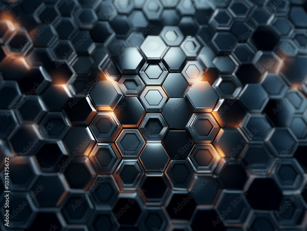 Poster a repeating pattern of dark grey hexagons with glowing orange lights in the center.