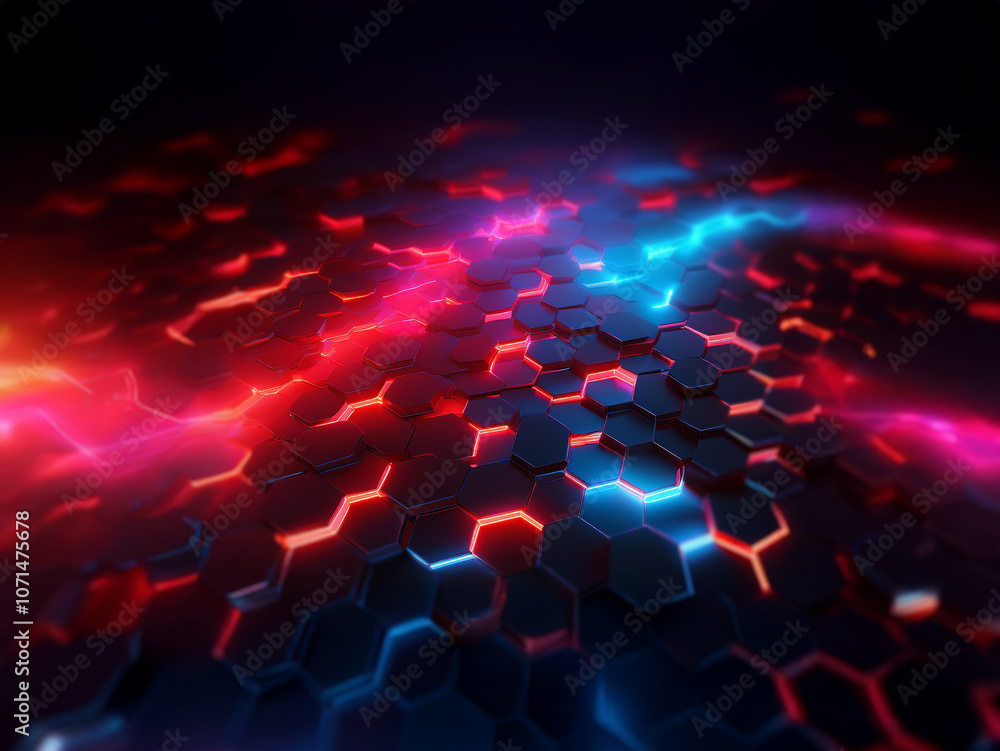 Poster A dark background with a wave of hexagonal shapes lit by glowing lines of red and blue light.