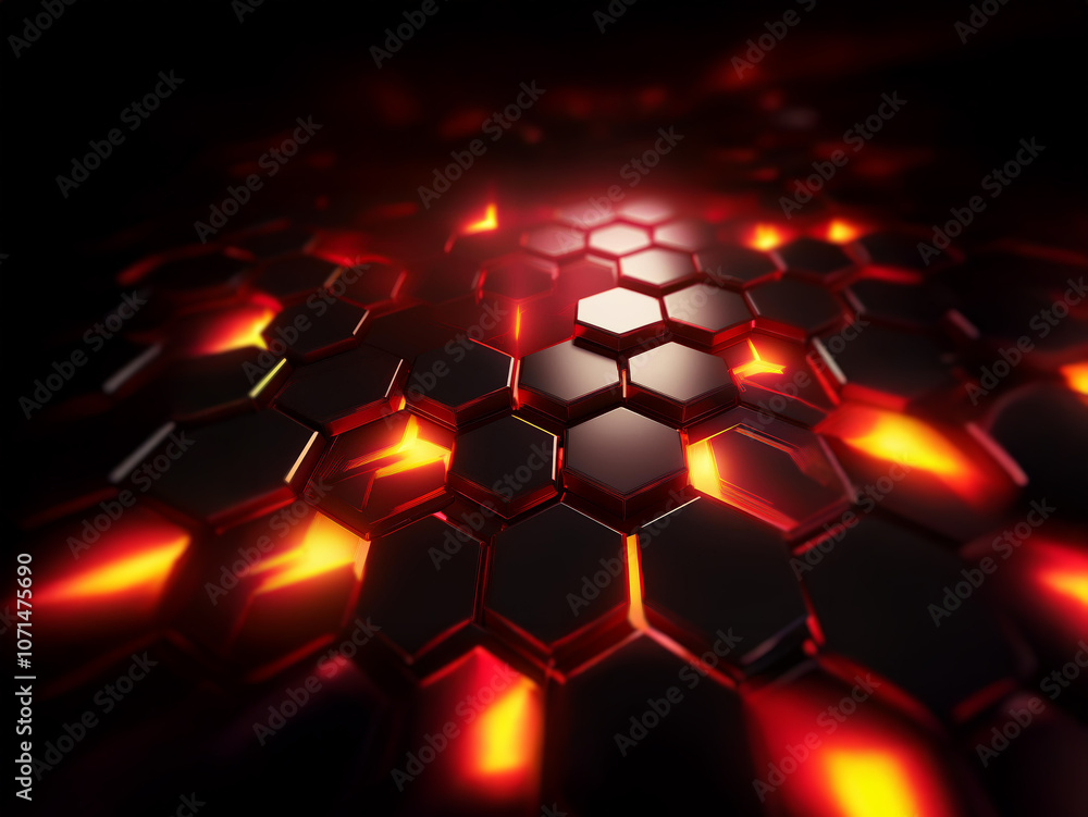 Poster A dark background with a glowing hexagonal pattern.  The hexagons are black and have a red and orange glow coming from them.