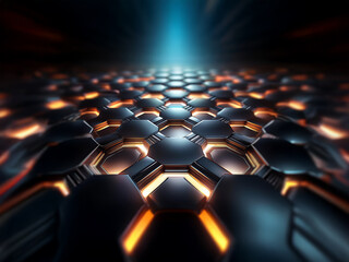 Obraz premium A dark, futuristic-looking honeycomb pattern with a glowing blue light in the distance.