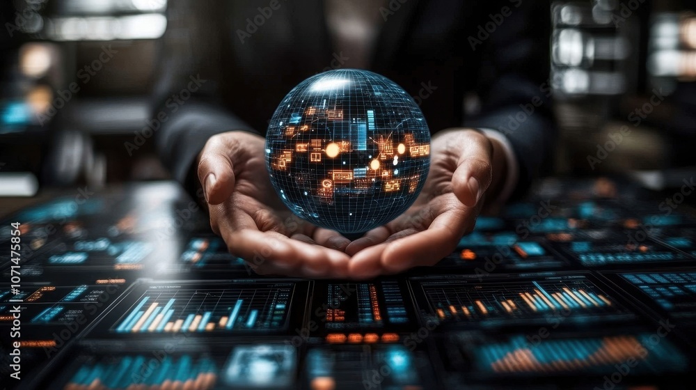 Poster hands holding a digital globe with data elements