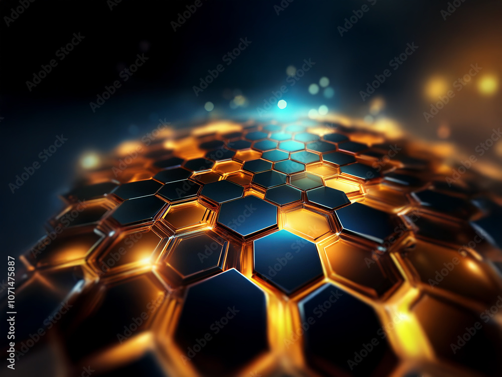 Poster an abstract digital art piece features a grid of glowing hexagons with a blue and orange color schem