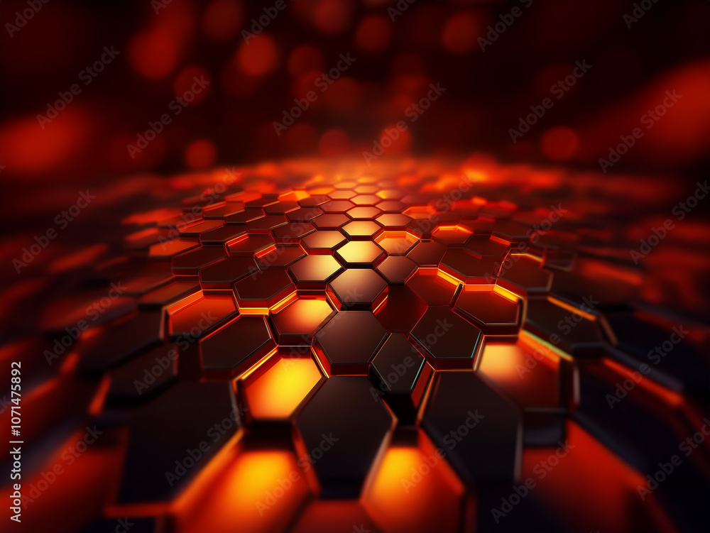 Aufkleber A 3D rendering of an abstract geometric honeycomb pattern with glowing orange and red lights.