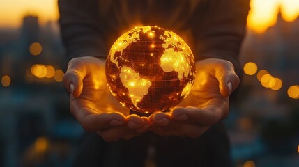 Fototapeta premium Golden Globe Held in Hands Against Sunset Background