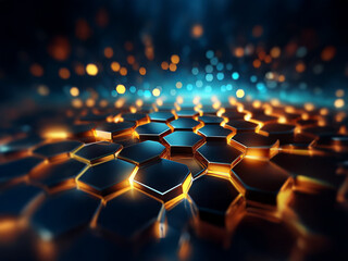Obraz premium A dark background with a honeycomb pattern, illuminated by bright orange and blue lights.