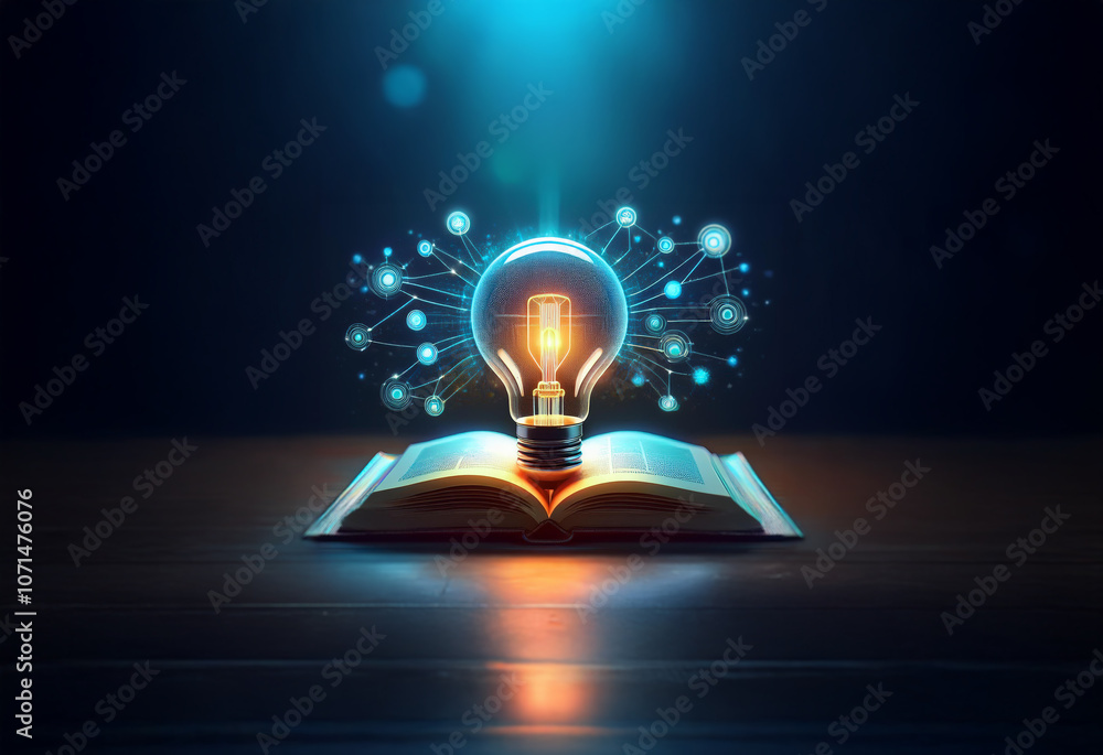 Poster a glowing light bulb emerges from an open book, surrounded by a network of illuminated dots, suggest