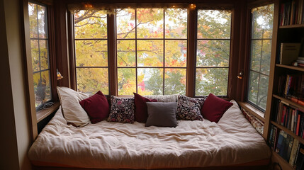Fototapeta premium Cozy window seat with pillows and blankets overlooking autumn foliage.