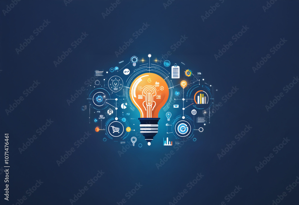 Poster a glowing lightbulb is surrounded by various icons representing different aspects of innovation and 