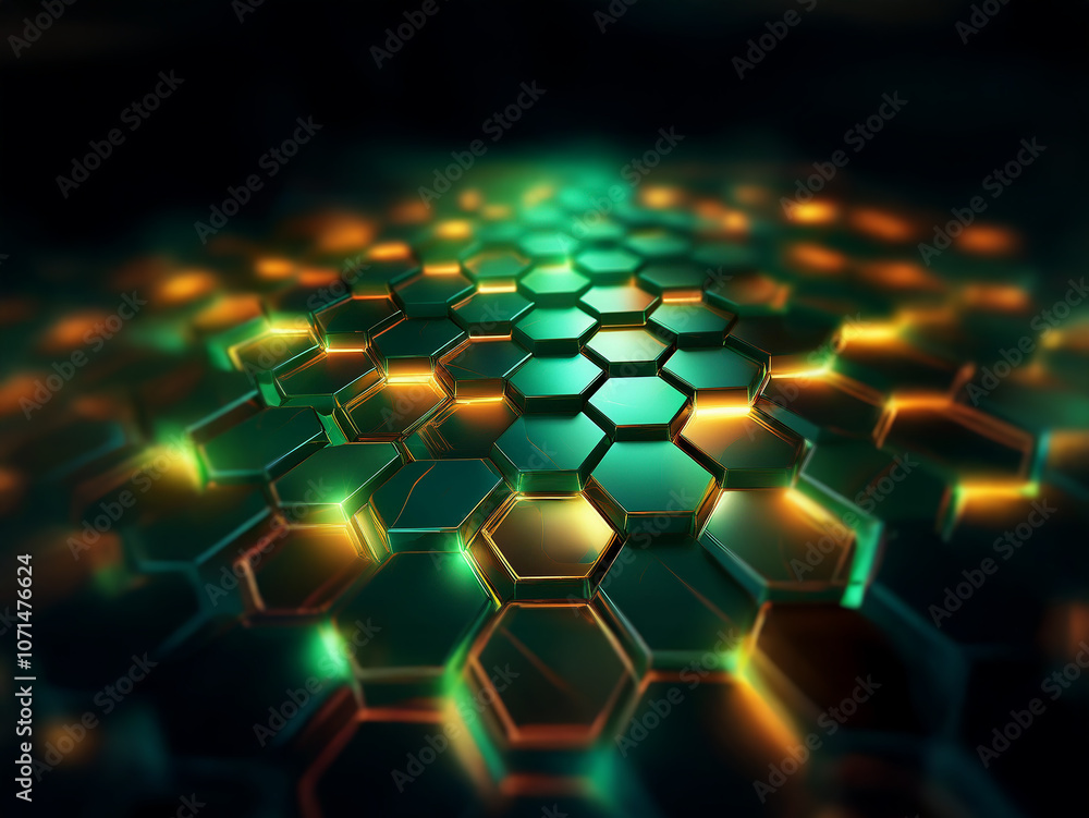 Fototapete An abstract 3D rendering of a hexagonal grid with a gradient of green and orange lighting.