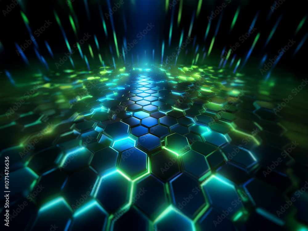 Aufkleber A dark, futuristic scene with a glowing blue and green hexagonal grid extending into the distance.