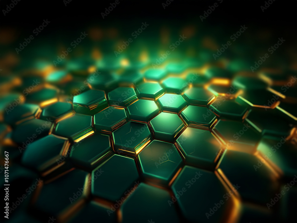 Fototapete a close-up of a pattern of green hexagons with a blurred golden glow in the background.