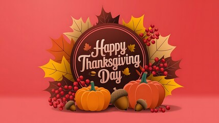 Festive "Happy Thanksgiving Day" Cursive Text Surrounded by Autumn Leaves, Pumpkins, and Red Berries on a Coral Background