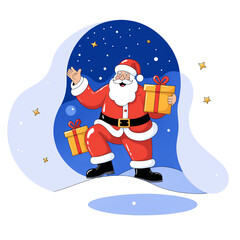 Naklejka premium Merry Christmas and happy new year greeting card with cute Santa Claus, deer and snowman. Holiday cartoon character in winter season. 