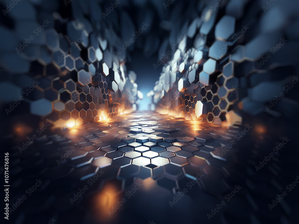 Aufkleber A perspective view of a dark tunnel lined with hexagonal panels and glowing lights emanating from the floor.
