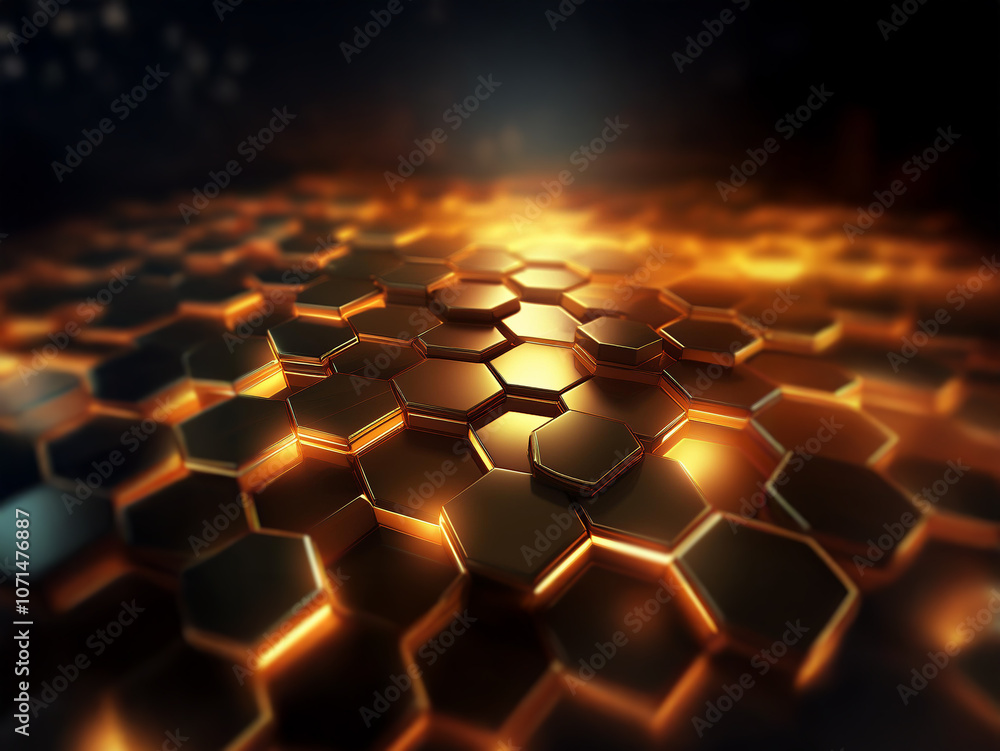 Poster A close-up of a dark, textured surface made of shiny golden hexagonal shapes. The surface is illuminated from the center, creating a warm, glowing effect.