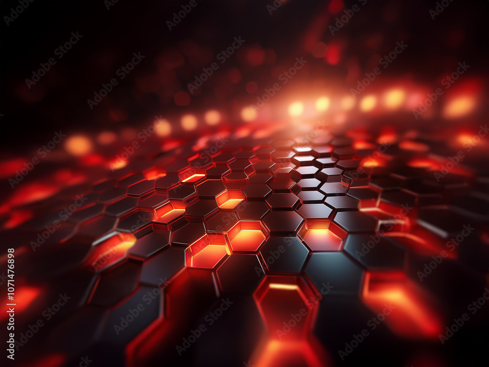 Poster A dark background with a repeating pattern of glowing hexagonal shapes, reminiscent of futuristic technology.