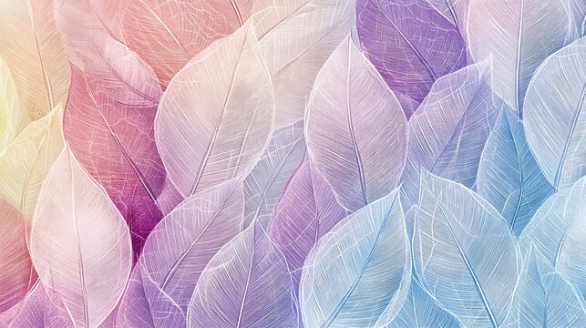 Abstract Background of Delicate, Skeletized, Pastel-Colored Leaves