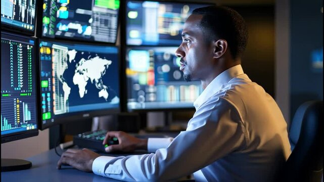 Telecommunications project manager working in a control room.