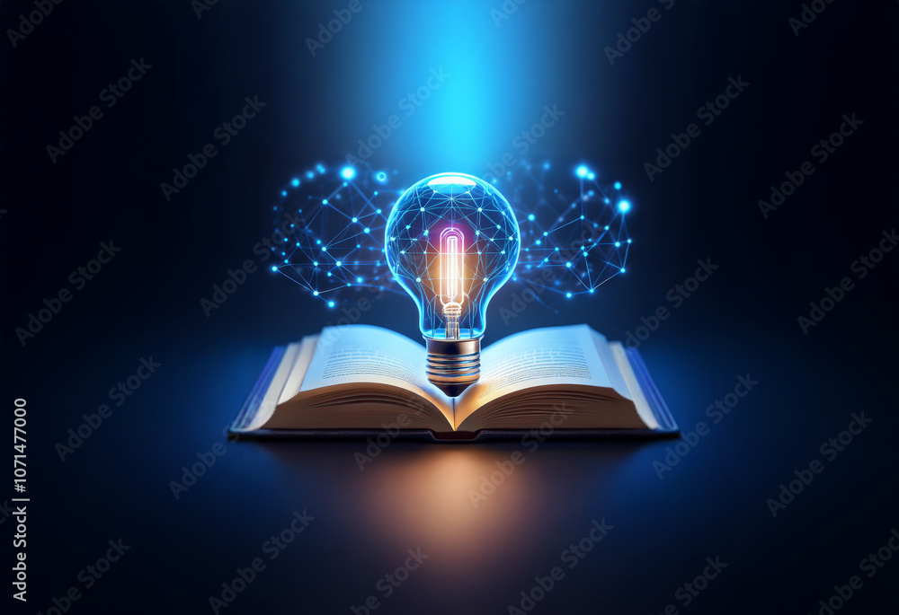 Poster a glowing lightbulb emerges from an open book, surrounded by a network of light, representing knowle