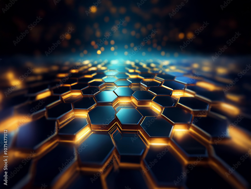 Poster A dark background with a glowing honeycomb pattern that recedes into the distance.  The pattern is comprised of blue and gold hexagons.