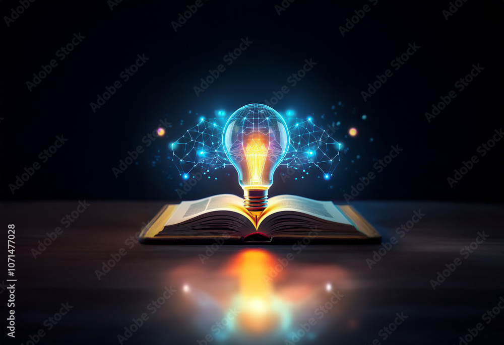 Poster a glowing lightbulb rises from an open book, surrounded by a network of interconnected lines.