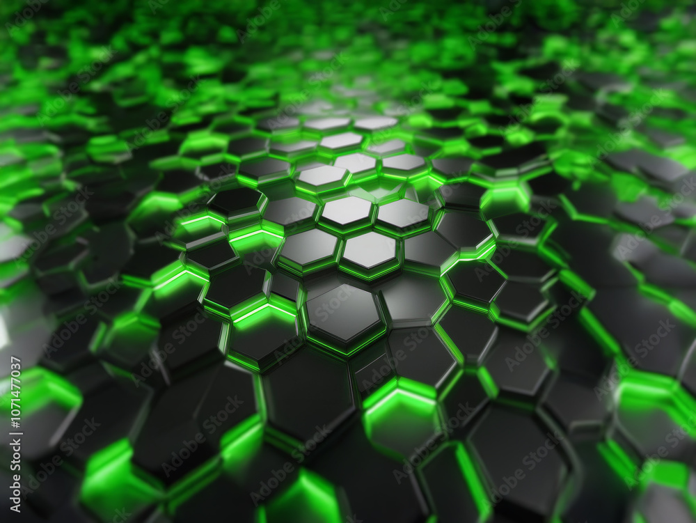 Poster Abstract pattern of black hexagons with green neon lights,  forming a wave-like structure,  creating an optical illusion.