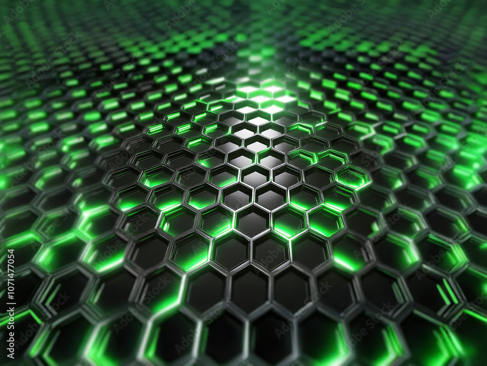 Leinwandbilder A 3D render of a black honeycomb structure with glowing green edges and light emanating from the center.