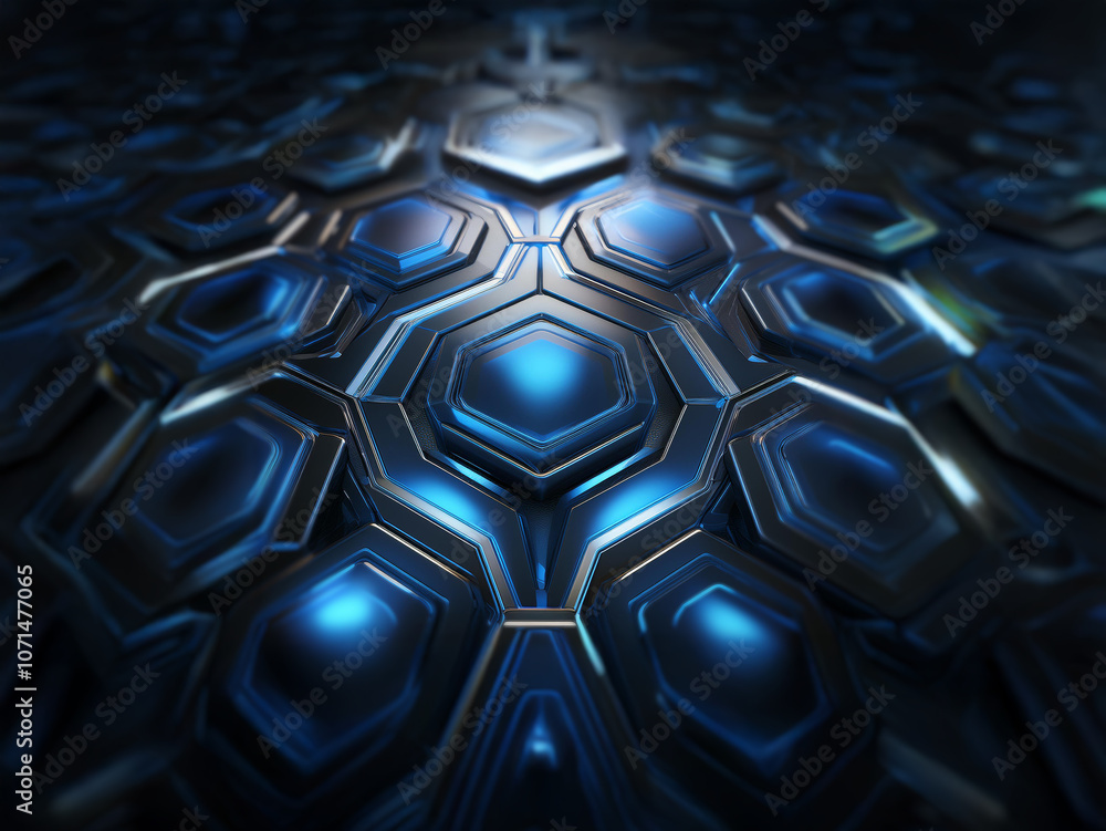 Poster a close-up perspective of a futuristic surface composed of hexagonal panels, illuminated by a glowin